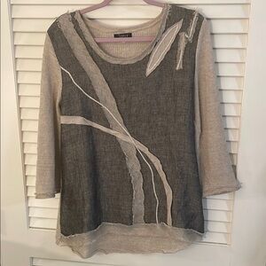 Jaskar Cream Embellished Detailed Black Graphic Asymmetrical Blouse Top Sweater